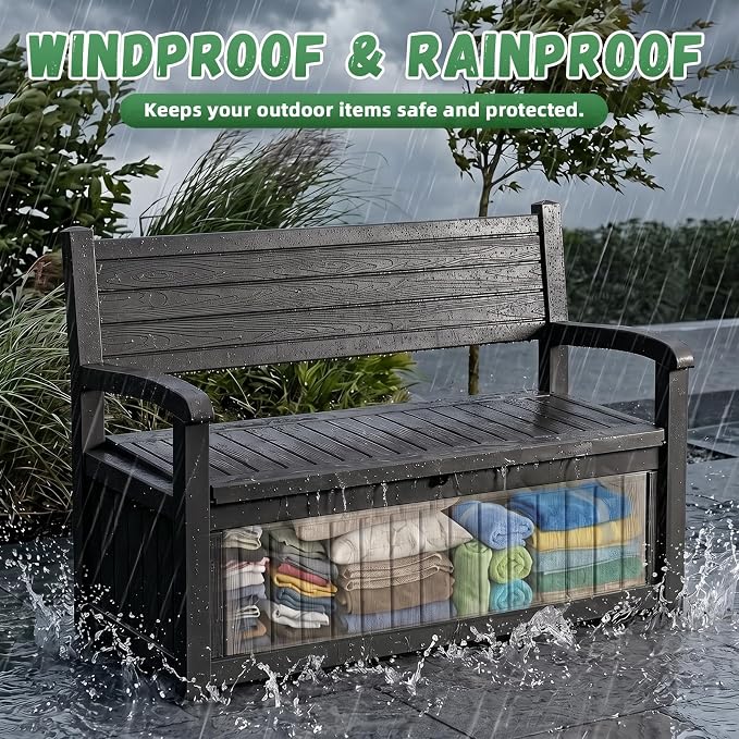 80Gal Resin Outdoor Deck Storage Bench, Lockable Waterproof UV Protected Patio Box, Weatherproof Porch Pool Garden Furniture for Yard Tools & Seat Cushions, Black