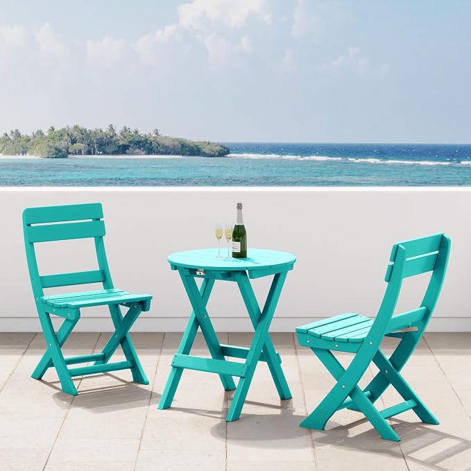 Costaelm Outdoor Bistro Table and Chairs Set of 2, Round Portable Folding Bar Height Barstool Set of 3, Tall Balcony Pub High Top Table 3 piece Patio Set for Deck, Backyard, Garden, Turquoise