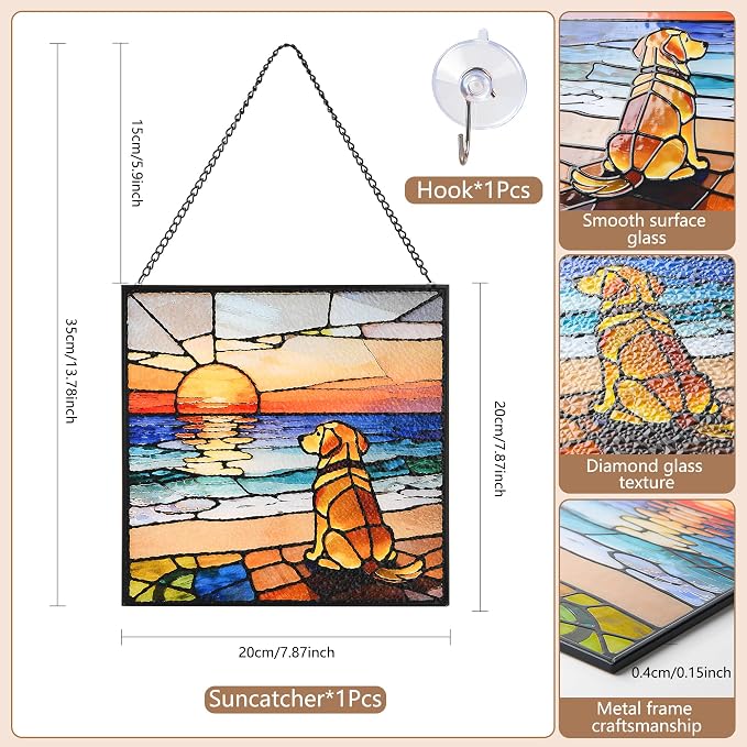 Stained Glass Window Hanging, 7.8 in Sun Catcher Glass Panel Boho Wall Art Decor with Chain Diamond Glass Panel Hangings Scenery Sun Catchers Decor for Birthday for Lover Couple Mom (Dog)