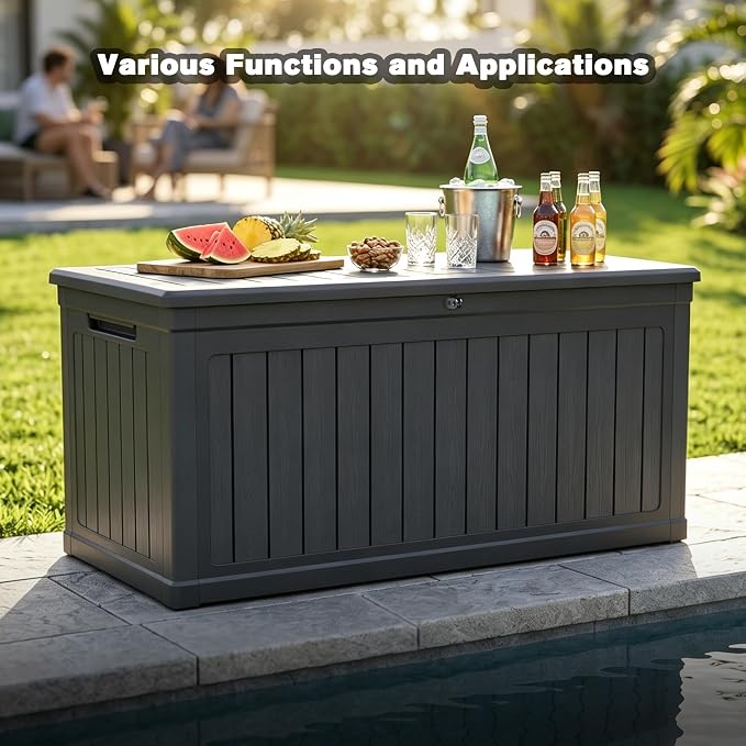 XXL Deck Box Outdoor Storage, Large Waterproof Resin Deck Boxes with Double-Wall Construction, Lockable Patio Storage for Furniture Cushions Garden Tools Pool Supplies, Black (260 Gallon)