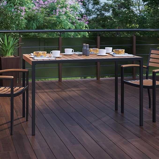 Flash Furniture Lark Outdoor Steel Dining Table with Umbrella Hole - Faux Teak Poly Slatted Top - Commercial Grade Table-Black Frame-30x48 Table Seats up to 4 Adults