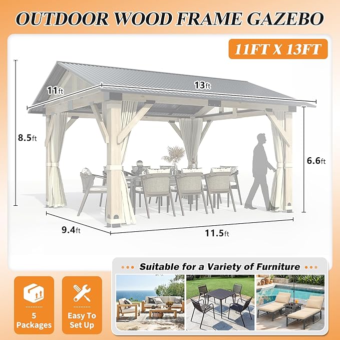 COVERONICS 11’x13’ Outdoor Outdoor Wood Gazebo - Patio Gazebos with Galvanized Steel Roof, Cedar Wooden Gazebo with Privacy Curtains and Netting for Garden, Porch, Patio and Deck