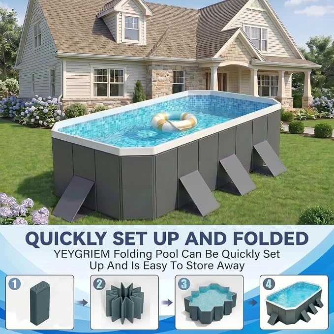 Foldable Swimming Pool, Rectangular Above Ground Swimming Pool for Outdoor Family Square Pool with Drain Plug and Drain Hole, Easy to Assemble Pool for Backyard Dog Pools (116" L x 65" W)