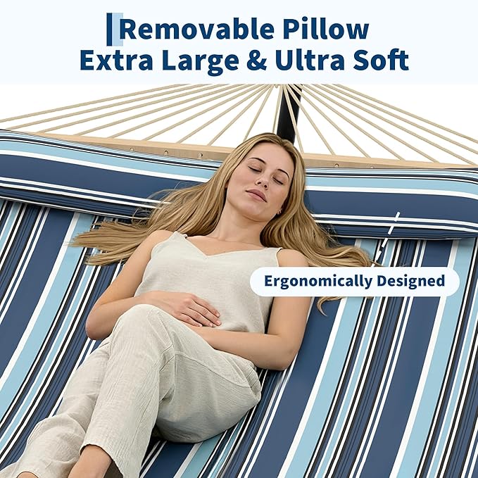 Garvee Double Quilted Fabric Hammock with Hardwood Spreader Bars and Pillow 450 LBS Capacity 2 Person Large Hammock for Outdoor Patio Backyard Poolside（Dark and Light Blue Stripes）