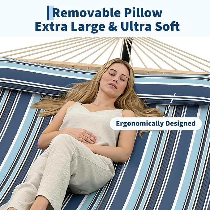 Garvee Double Quilted Fabric Hammock with Hardwood Spreader Bars and Pillow 450 LBS Capacity 2 Person Large Hammock for Outdoor Patio Backyard Poolside（Dark and Light Blue Stripes）