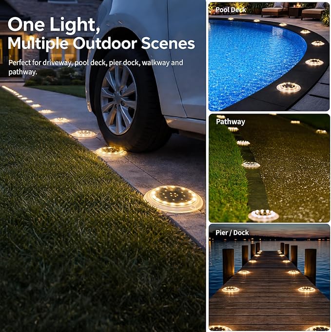 SHONELIGHTING Solar Dock Lights Outdoor Waterproof, Flat Low Profile Disc LED for Deck, Driveway, Ground & Pathway, Anti-Slip & Anti-Trip (Warm White, 2Pack)