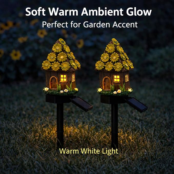Solar Garden Lights Outdoor, 2 Pack Decorative Solar Daisy Cottage Pathway Lights Waterproof, Resin Fairy Garden Lights for Yard Lawn Patio Decor