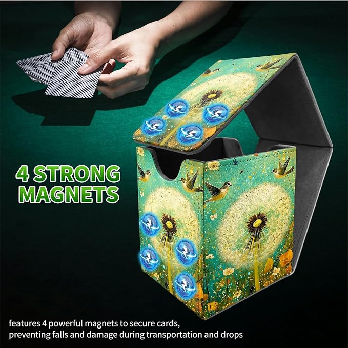 Deck Box for MTG, Cards Storage Box Fits 120+ Sleeved, Leather Medium Size Strong Magnetic Closing Card Case for Board Games Magic TCG CCG Baseball Collection, Blue Dandelion