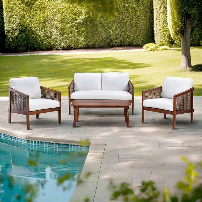 Teamson Home 4-Piece Outdoor Patio Furniture Set, Brown | Cushions Included, Acacia Wood Frame, Wicker Accent, Weather-Resistant, Sofa, Chairs & Coffee Table