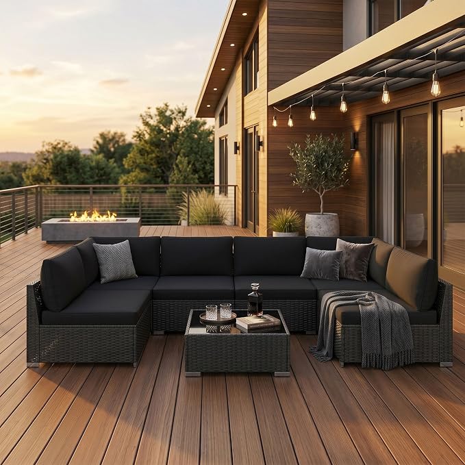 KIGOTY 7-Piece Patio Furniture Set, All-Weather PE Rattan Outdoor Sectional Sofa, Modular Wicker Conversation Set with Thick Washable & Easy-Clean Coffee Table（Black/Black-X）