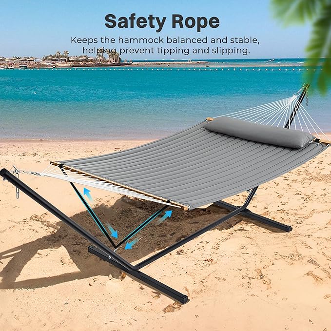 SUPERJARE Hammock with Stand, 2 Person Quilted Outdoor Hammock, Detachable Pillow & Bamboo Spreaders, Portable Hammock with Carrying Bag, Heavy Duty Stand, Perfect for Outside, Patio, Gray