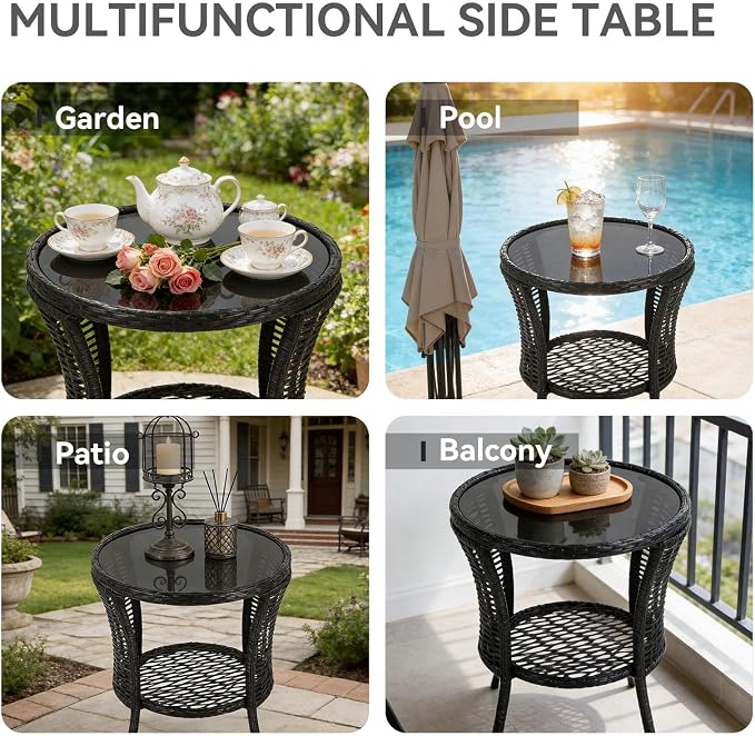 Kinfant Round Outdoor Wicker Side Table - with Tempered Glass Top, Patio End Table with Unique Shape, Storage Shelf for Balcony, Porch, Deck, Garden, Weather-Resistant Rattan, Easy Assembly