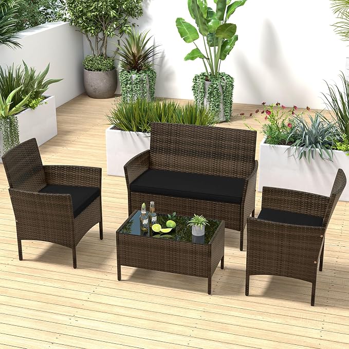 ORALNER 4 Pieces Patio Furniture Set, Rattan Chairs Loveseat with Soft Cushion and Glass Table, Outdoor Wicker Conversation Set for Balcony Garden Backyard Porch Poolside (Black)