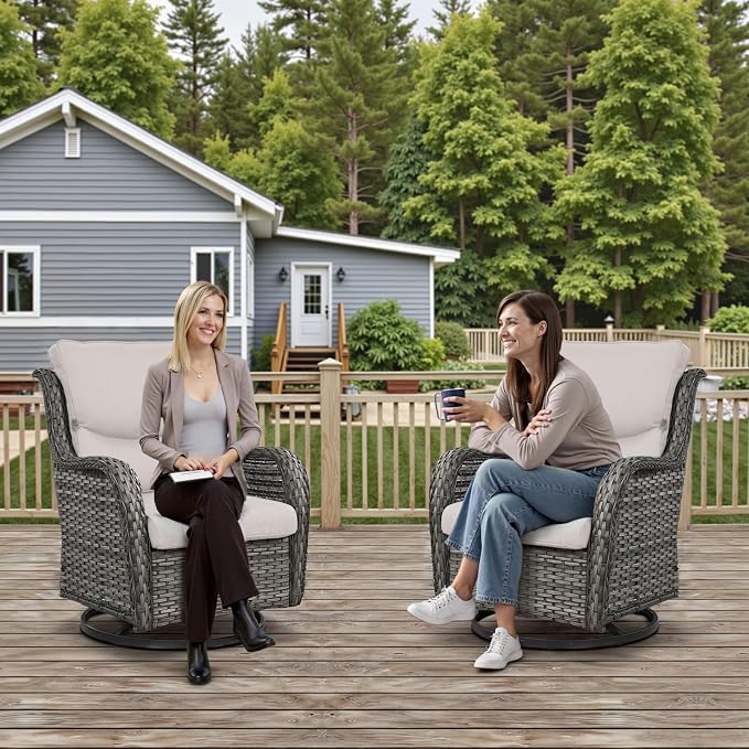 Outdoor Swivel Rocker Patio Chairs with 2 Ottomans - 5" Thick Cushion 4 Piece Furniture Set All Weather Comfortable Wicker Conversation Set for Porch Poolside and Deck - Gray/Beige