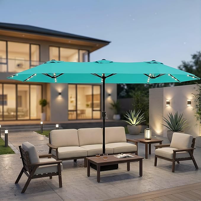 15ft Large Patio Umbrella with Solar Lights and Base, Double-Sided Outdoor Rectangle Umbrella with 48 LED Lights, Market Table Umbrellas with UV Resistant Canopy