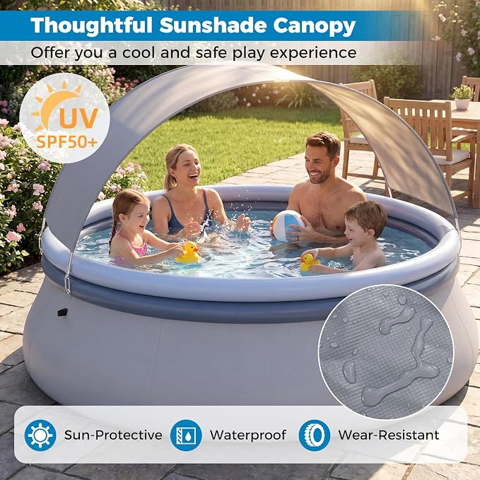 Goplus Inflatable Pool with Canopy, Large Round Above Ground Swimming Pool w/ 2 Air Chambers, Repair Patch, Top Ring Blow Up Pools for Backyard, Lawn, Garden (94.5” x 55.5”)