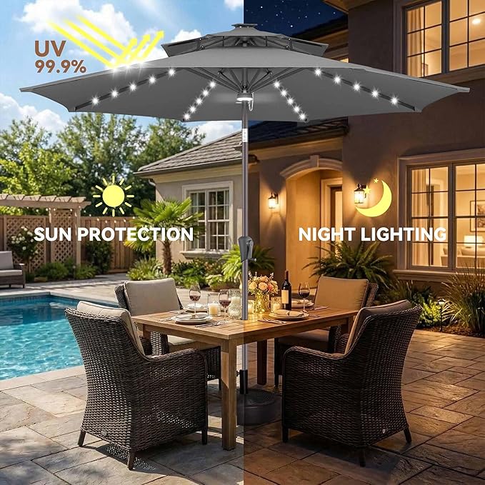Jarka&Co 9ft Solar Patio Umbrella - 2 Tiers Solar Outdoor Umbrella with 40 LED Lights Waterprool UV Protection, Market Table Umbrella with Tilt for Backyard, Garden, Pool, Porch (Anthracite)