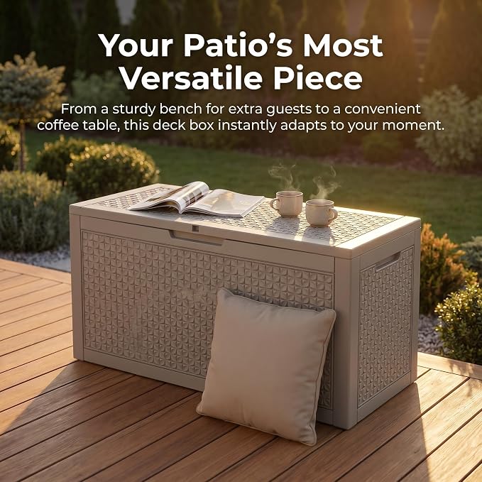 102 Gallon Outdoor Storage Box, Resin Deck Box Waterproof & Lockable, Patio Cushion Storage Bench for Garden, Pool, Furniture & Tools, UV Resistant Heavy Duty, Gray Brown
