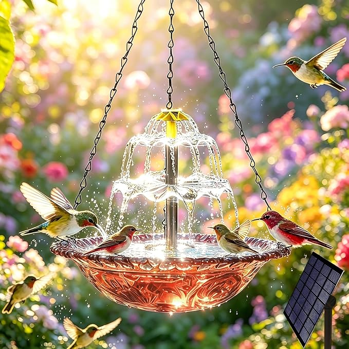 TUGFREE Solar Fountain for Bird Bath, Hanging Outdoor Water Feature with Solar Powered Cascade, Bird Bath Fountain for Garden Patio Yard - Decorative Circulating Bowl Attracts Wild Birds(Red)