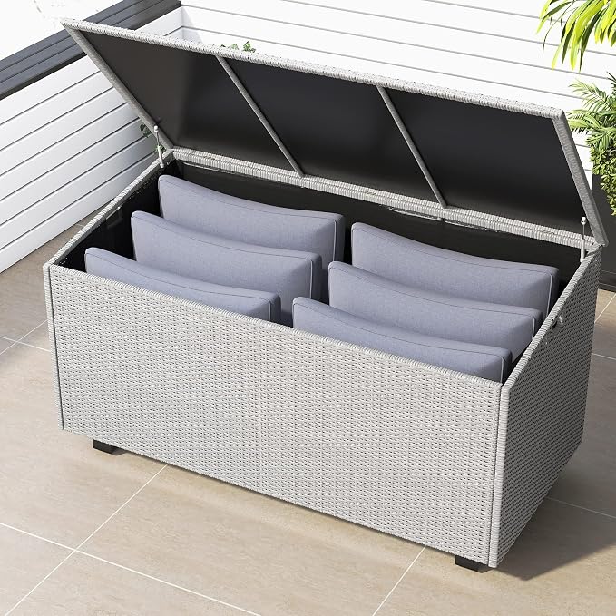 Lepus Large Outdoor Waterfroof Deck Box, 210 Gallon Rattan Deck Storage Box with Built-in Waterproof Bag for Seat Cushion on Patio Garden, Poolside (210, Grey)