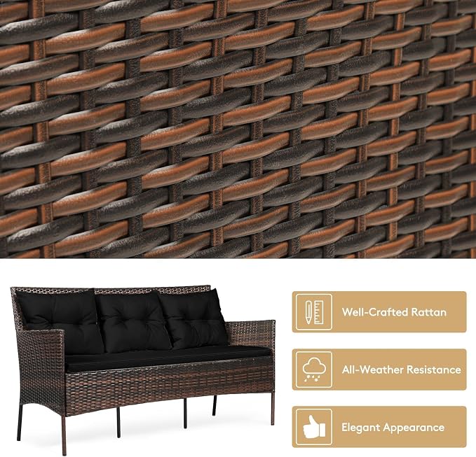 HAPPYGRILL 3-Piece Patio Furniture Set Outdoor Rattan Conversation Set with Coffee Table, Seat & Back Cushions, Sectional Sofa Set for Poolside Balcony Backyard