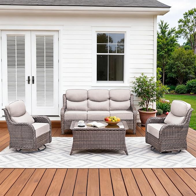 Luxury High Back Patio Furniture Set with 6-Inch Thick Cushions, 4-Pieces Outdoor Furniture with Swivel Chairs, Wicker Conversation Set for Porch, Balcony, Deck and Yard, Brown/Beige