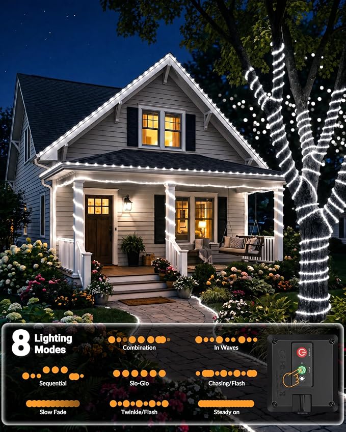 btfarm 2 Pack Solar Rope Lights Outdoor, 120LED 46FT Solar String Lights Outside Waterproof, 8 Lighting Modes Tree Trampoline Light Solar Powered for Garden Christmas Yard Party Decoration, Cool White