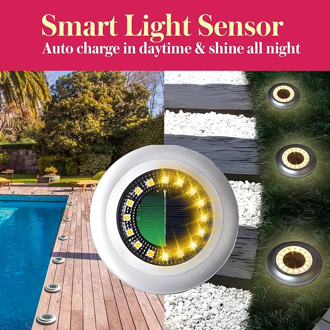 Solar Ground Light 8 Packs, Upgraded 16-LEDs Solar Outdoor Light for Patio, Mower-Friendly Withstand 200lbs Solar Powered Lights, IP66 Waterproof & Reusable Spike, Warm White