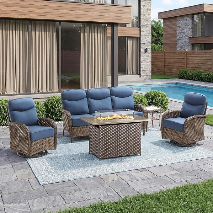 Luxury 6-Inch Cushion Patio Furniture Set with 41" Fire Pit Table, High Back Swivel Rocker Patio Chairs with Outdoor Couch, Outdoor Wicker Conversation for Deck Porch Garden Balcony Poolside