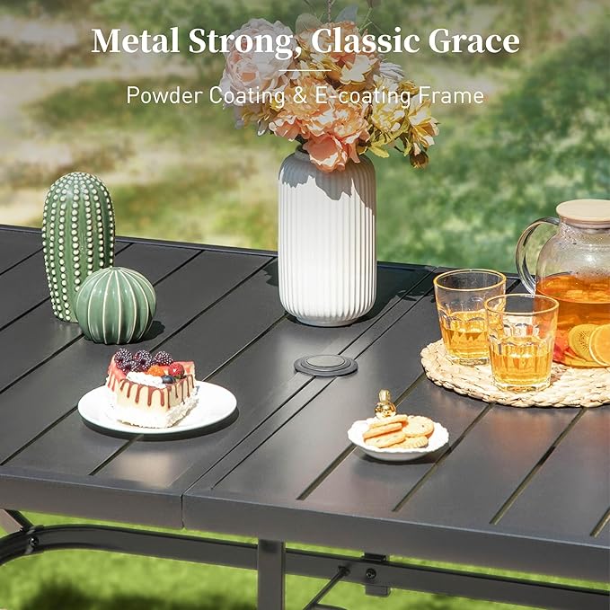 SUNSHINE VALLEY 60" Patio Dining Table for 6, Rectangle Patio Table with Umbrella Hole,E-Coating and Powder Coating Steel Frame Metal Outdoor Patio Table for Garden Backyard Lawn Yard