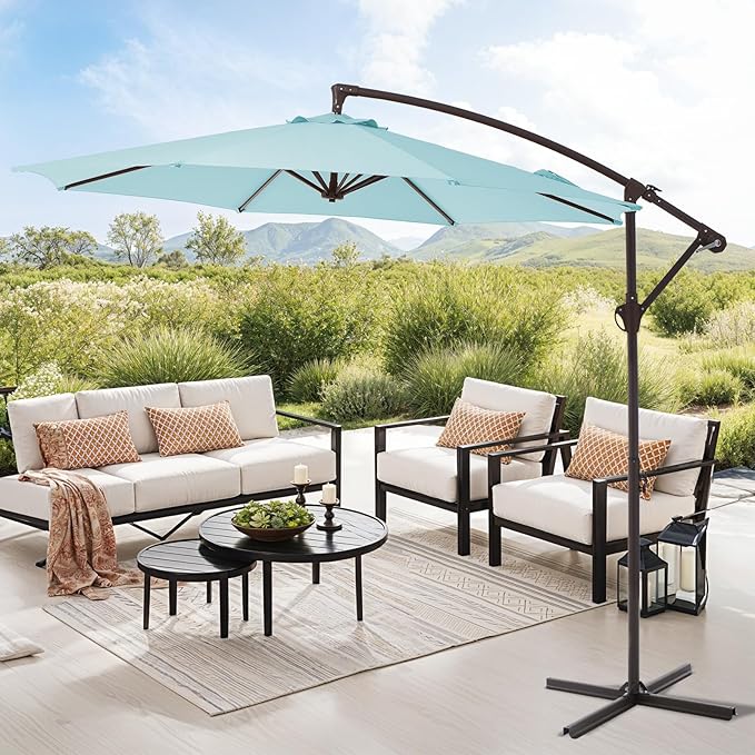10FT Patio Umbrella, Outdoor Offset Cantilever Umbrella with Sturdy 8 Ribs, Easy Tilt Adjustment for Backyard Pool Garden,Light Blue