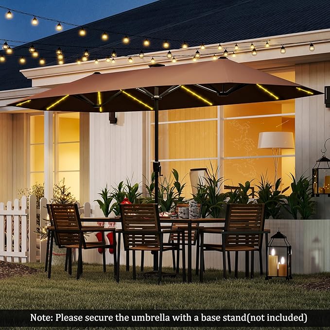 HAPPYGRILL 13 FT Double-sided Patio Umbrella with Solar Lights, Crank Handle & 12 Heavy-Duty Ribs, Outdoor Twin Size Oversized Rectangle Market Umbrella for Garden Deck Poolside