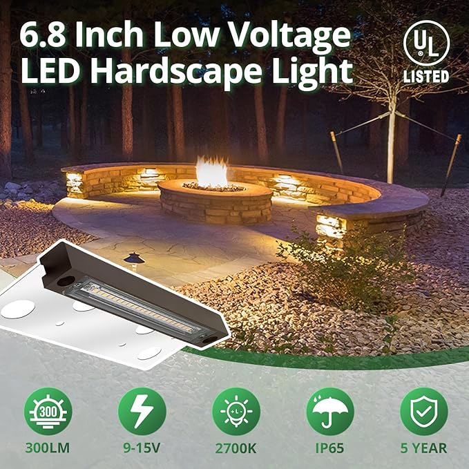 GKOLED UL Listed LED Hardscape Light, Retaining Wall Lights, 6.8 Inch Integrated 2700K LED Chips, Step Paver Wall Light, Solid Powder Coated Die-cast Aluminum Housing, 4W Low Voltage 12V AC/DC, 1 Pack