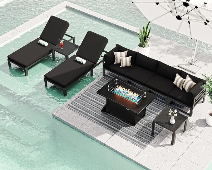 RADIATA 9 Pcs Extra Large Modern Aluminum Outdoor Furniture Set with Lounger & Fire Pit Table, 29 inch Deep Wide Couch Set, 500 lbs Heavy Duty Comfortable Patio Sectional Sofa for Edge of Pool, Black
