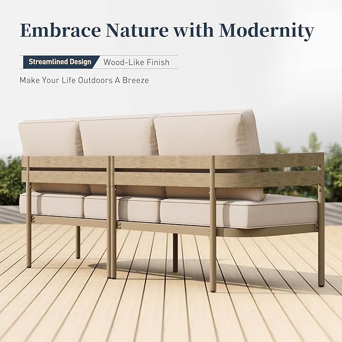 Metal Frame Outdoor Patio Sofa with Cushion, Wood-Like Patio Couch for Deck Balcony Front Porch