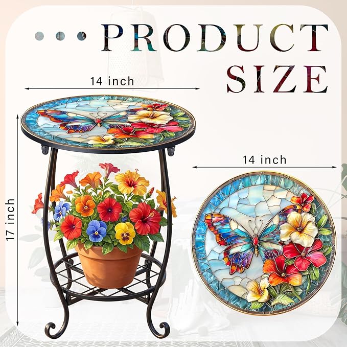 Cinnvoice Outdoor Side Table Round Small Mosaic Patio Accent Indoor End Plant Coffee Tea Table for Yard Patio Porch Garden Living Room, Bedroom(Butterfly C Style,14 Inch)
