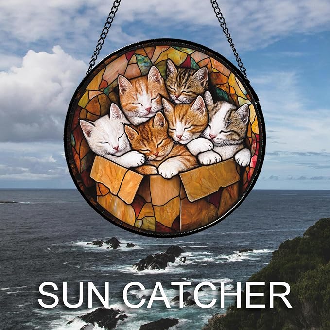 Stained Glass Window Hanging 6 Cute Kittens 9.8" - Cat Gift Suncatcher Door Sun Catcher Decor Birthday Christmas for Lost Pets Mom Men Woman Friend