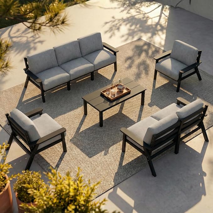 8 Piece Patio Furniture Set, HDPE Sectional Sofa Seating for 7, Includes 3-Seat Sofa, Loveseat, 2 Armchairs, Coffee Table, All-Weather Outdoor Conversation Set with Olefin Fabric, Black/Grey