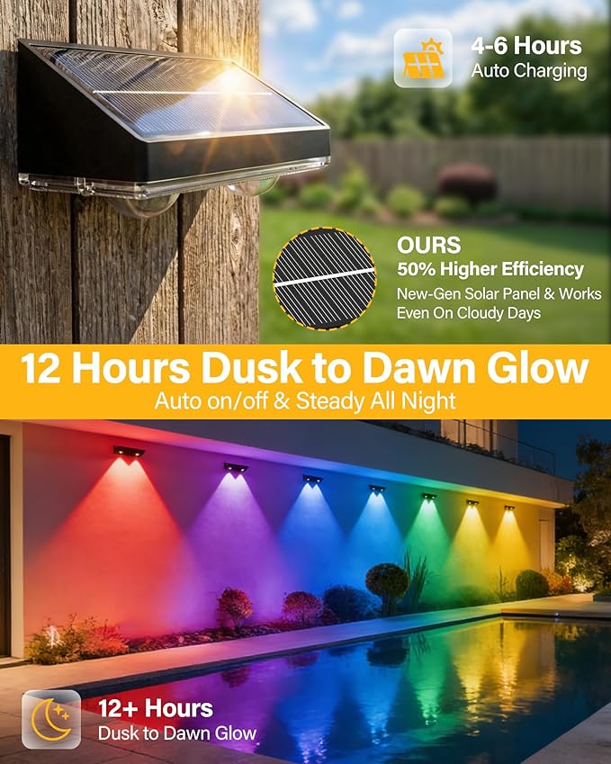 Solar Fence Lights Outdoor, 16 Pack Ultra-Bright 85LM Fence Lights Solar Powered, 9 RGB Color Modes, IP65 Waterproof, 12H Dusk to Dawn Glow for Pool/Deck/Patio/Wall/Backyard - Black