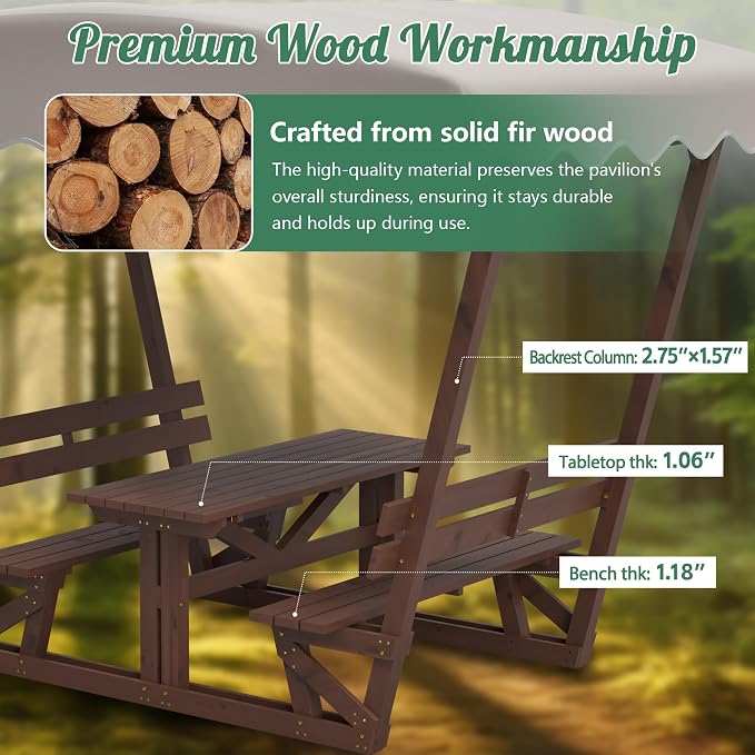 Outdoor Waterproof Solid Wood Picnic Table and Bench Set with Removable Canopy - Suitable for All-Weather patios, Gardens, Decks, Parks, Beaches