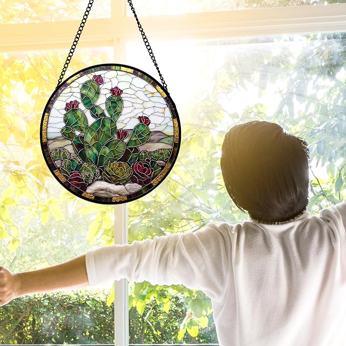 DASTOLL Stained Glass Window Hanging,Green Cactus Purple Flowers Suncatcher Diamond Glass Panel Sun Catchers Decor for Birthday for Women, Men, Wife, Aunt, and Mom 7.8 in