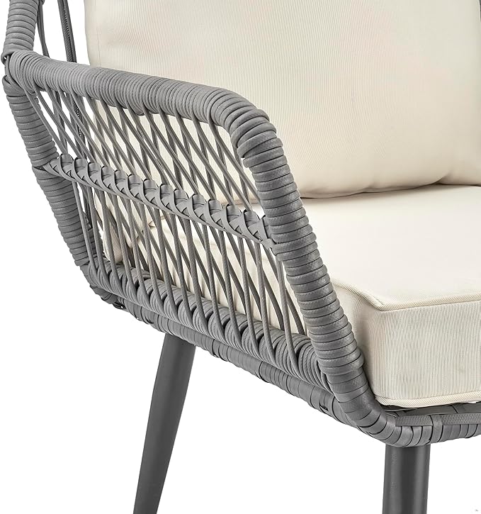 Manhattan Comfort Cannes 3-Piece Patio Conversation Set, Outdoor Furniture | Includes Modern Cushioned Rope Wicker Chairs & End Table, Removable & Washable Cushions, Tempered Glass Tabletop, Cream