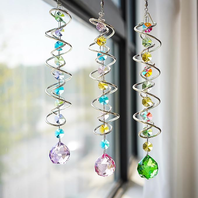 Set of 3 Crystal Spiral Wind Spinner Gazing Ball Decor | Crystal Suncatcher Rainbow Maker with Spiral Tail Hanging for Outdoor Garden Patio Porch Christmas Window Decor