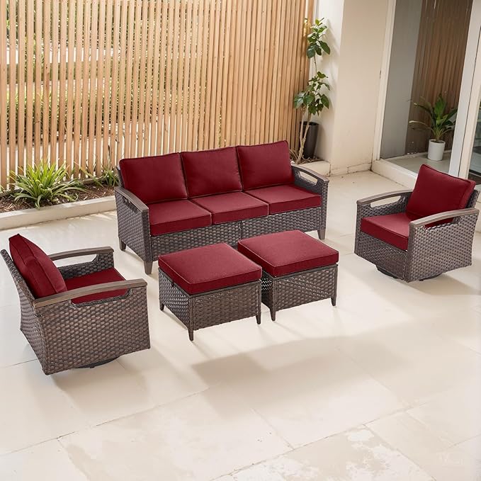 Rilyson Wicker Outdoor Patio Furniture Set - 5 Piece Patio Conversation Sets with Swivel Rocker Chairs, Ottomans and Sofa, Thick Cushions, Waterproof Wicker, for Porch Deck Brown/Red