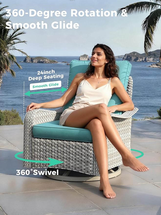 15 Piece Outdoor Wicker Rattan Sectional Sofa Set with Swivel Chairs, 12-Seats Conversation Set with 4" Thickened Cushions & Coffee Table, All-Weather PE Rattan for Garden, Backyard, Porch, Turquoise