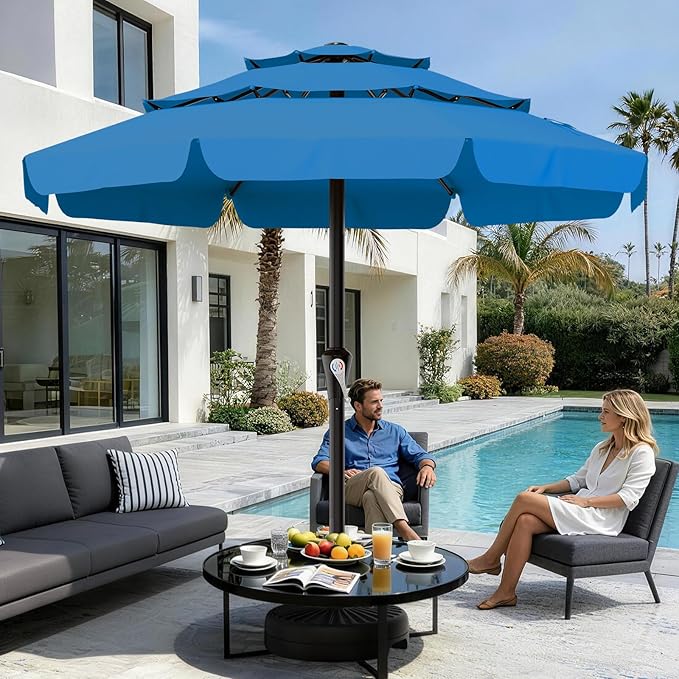AreShark 11FT 3-Tiers Patio Umbrella with Valance, Outdoor with Crank, Large Outdoor Market Umbrellas Vented with 8 Sturdy Ribs, Patio Table Umbrellas for Garden, Deck, Backyard, Pool, Royal Blue