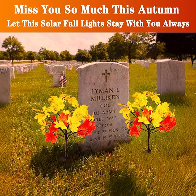Fall Solar Lights Outdoor Decorative, 2Pack 40LED Solar Fall Lights Waterproof for Yard & Garden,Fall Outdoor Decorations for Yard, Maple Leaf Thanksgiving Halloween Christmas Grave Décor (2 Pack)