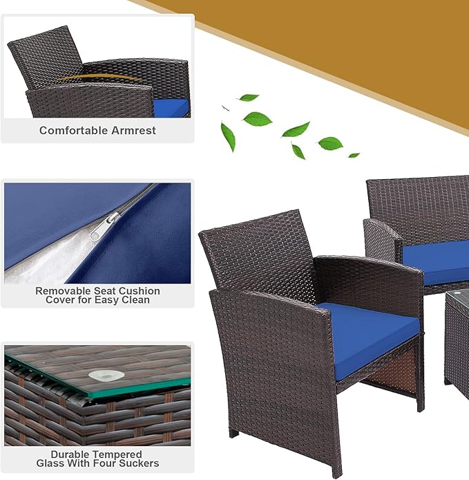 HAPPYGRILL Set of 4 Rattan Conversation Set Outdoor Wicker Furniture Set with Tempered Glass Coffee Table, Soft Cushions, Weather-Resistant Rattan Chair Set for Garden Backyard Poolside
