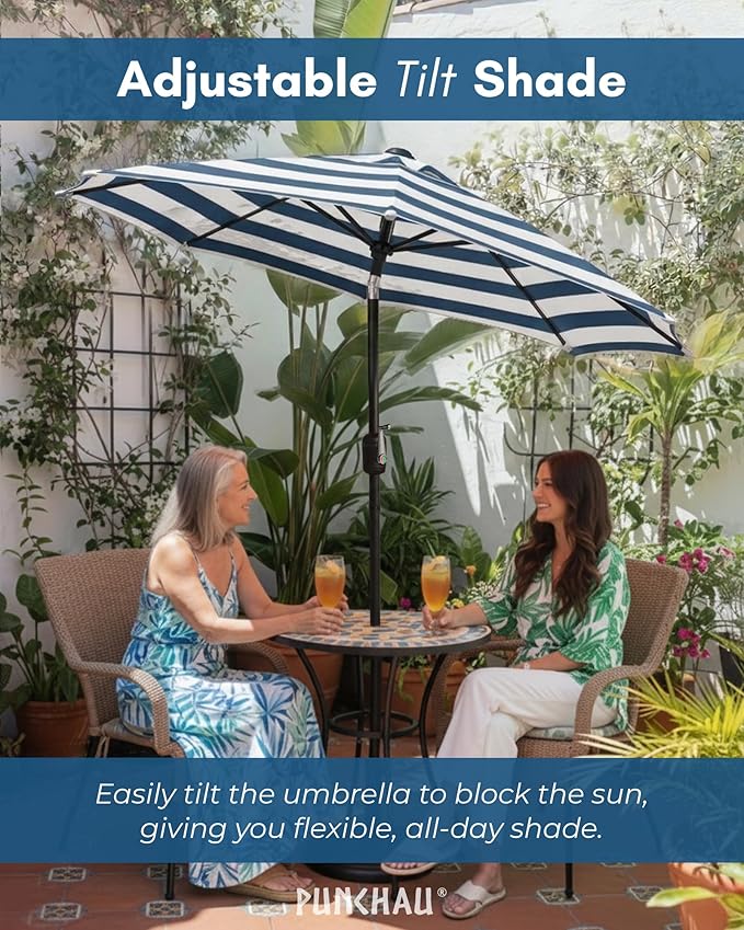 6 Ft Outdoor Patio Umbrella, Easy to Open/Close Crank and Push Button Tilt Adjustment - Navy Blue Striped Market Umbrellas