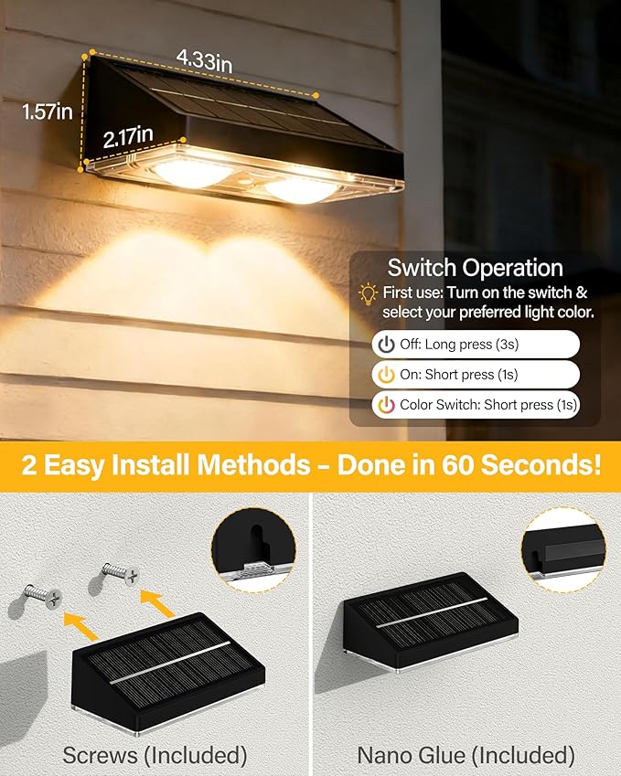 Solar Fence Lights Outdoor, 2 Pack Ultra-Bright 85LM Fence Lights Solar Powered, 9 RGB Color Modes, IP65 Waterproof, 12H Dusk to Dawn Glow for Pool/Deck/Patio/Wall/Backyard - Black